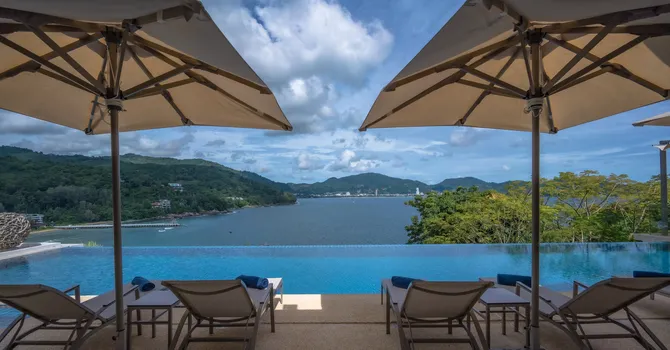 Villa Amara Samsara  The lovely pool view over the coast line and the village lights below.